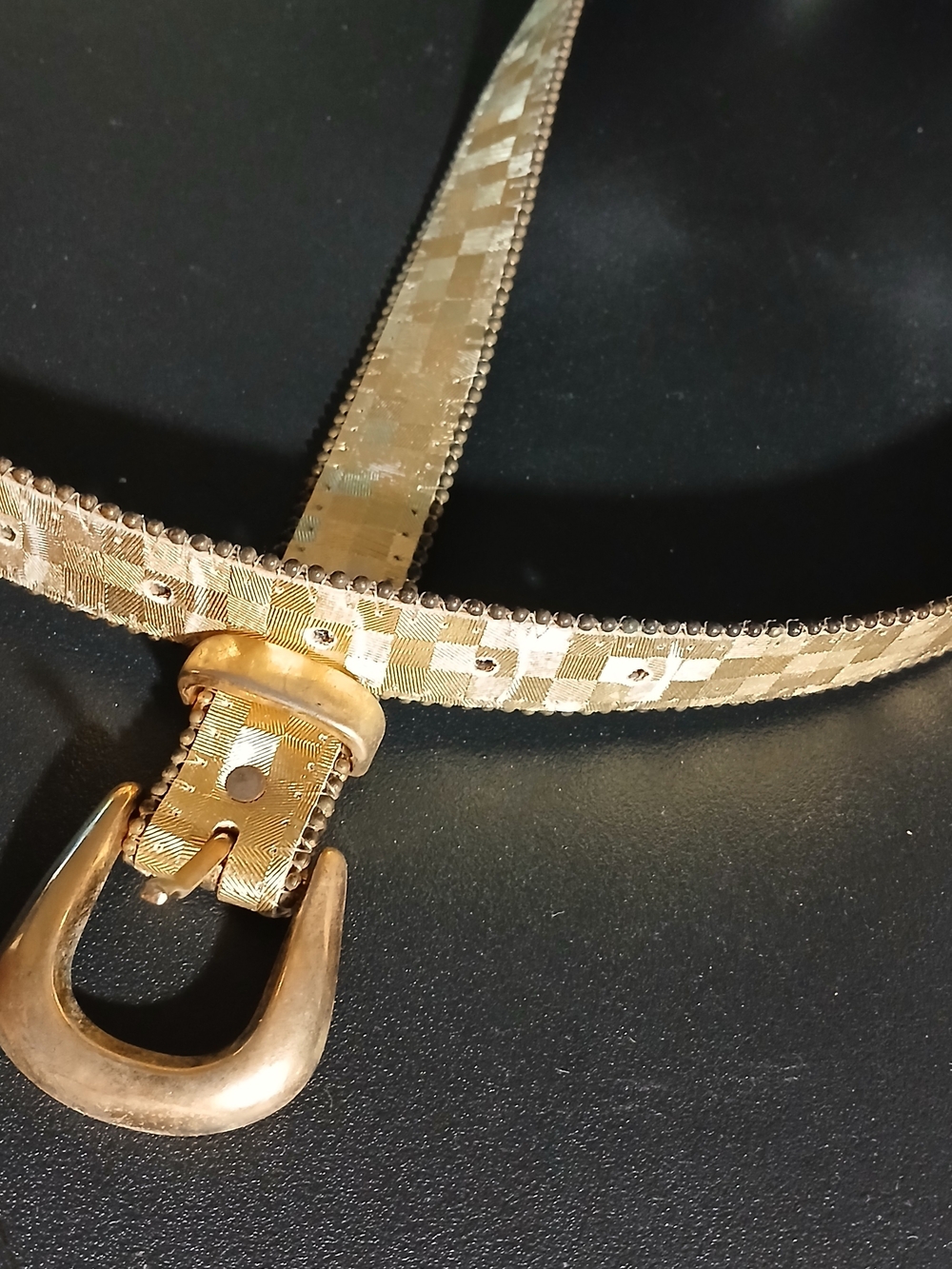 Gold Checkered Womens Belt and Brass Buckle By Elite Size 28-30